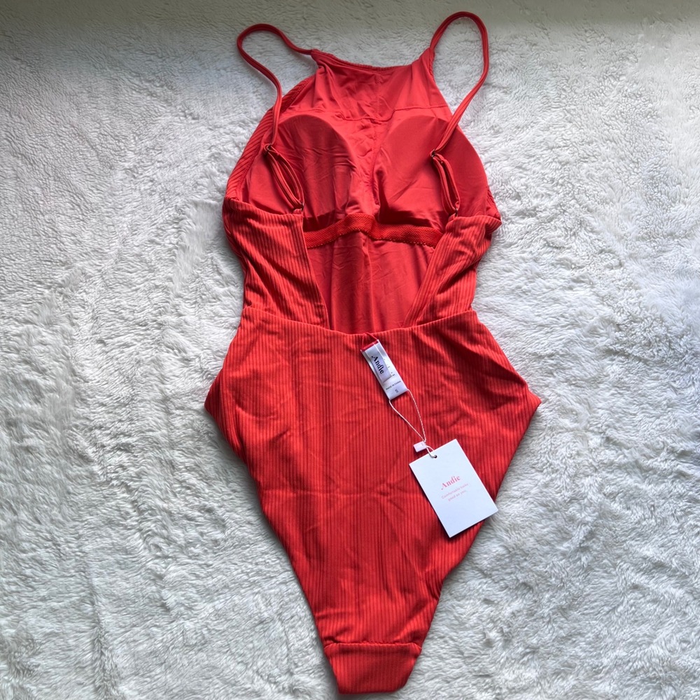 Andie Swim Asbury Rib One Piece Swimsuit Sire Orange High Neck AO288 Small NEW